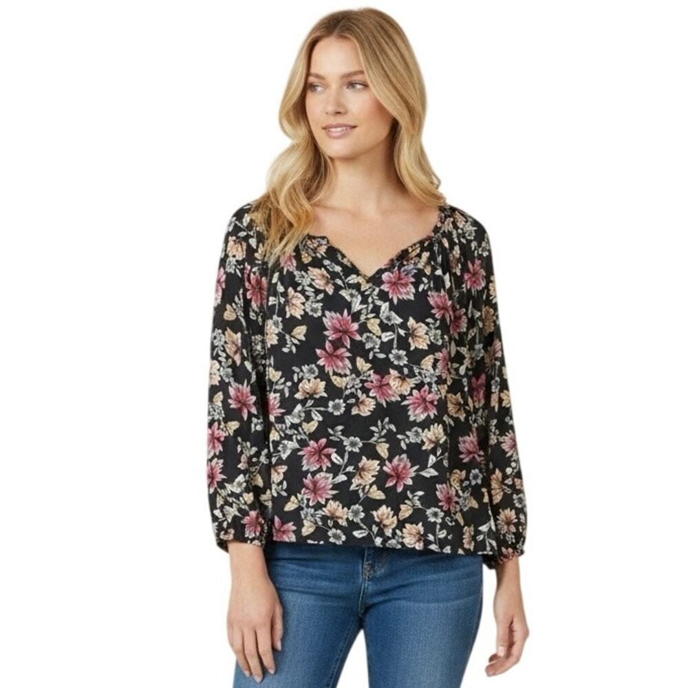 AMOUR VERT Women’s Melly Silk Navy Multi Floral 3/4 Sleeve Top